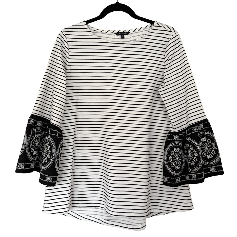 John Mark Womens Small Black White Striped Bell Sleeve Embroidered Medallion Top
